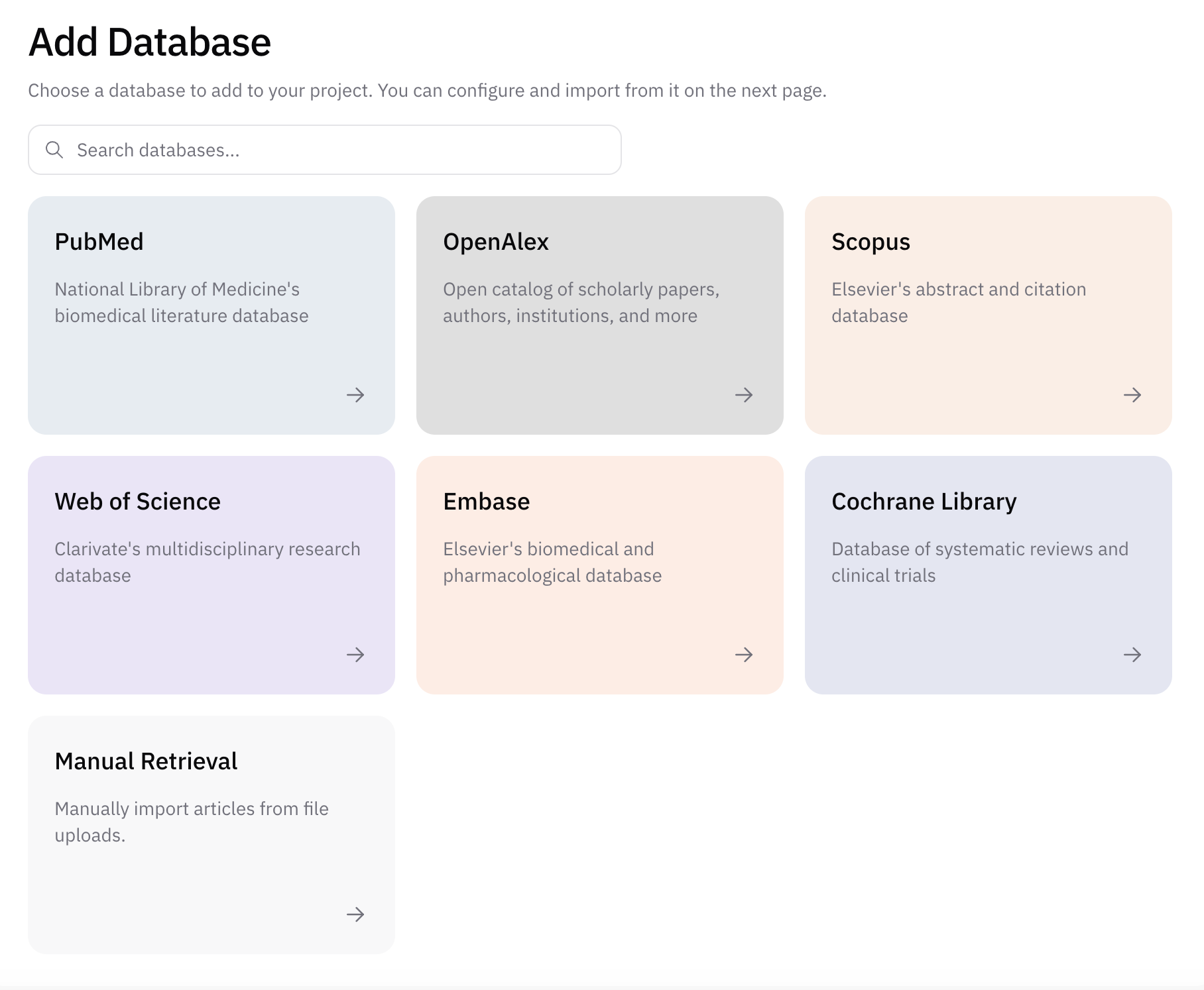 AIPRA database list showing literature sources that can be added to the project